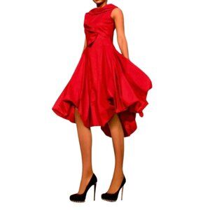 Samuel Dong Red Bubble Dress W/ Asymmetrical Ruffle Collar & Sleeveless Fit Medi